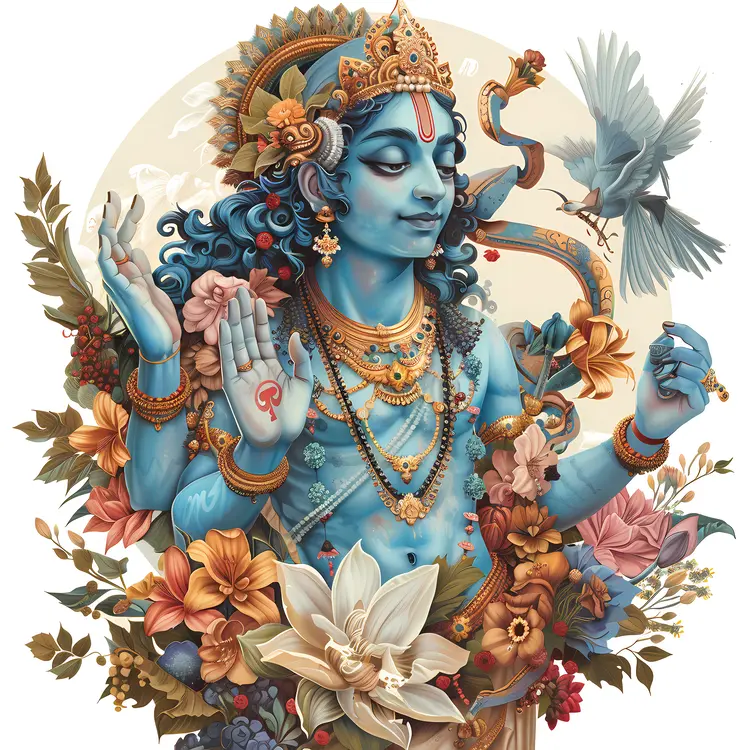 Hindu Deity with Flowers and Bird