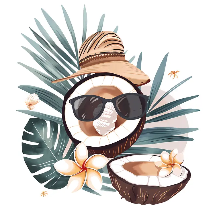 Coconut with Hat and Sunglasses on Beach