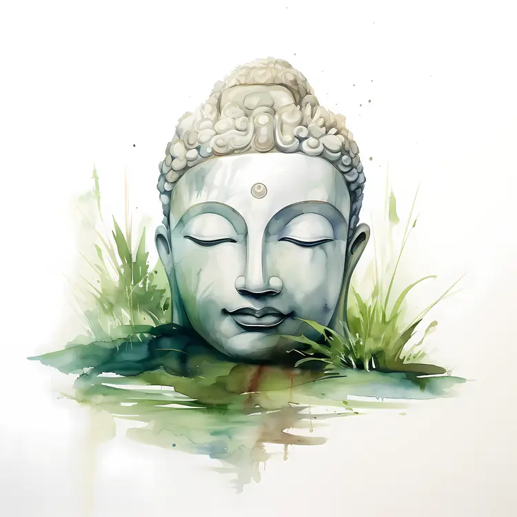 Serene Buddha Head Statue with Greenery