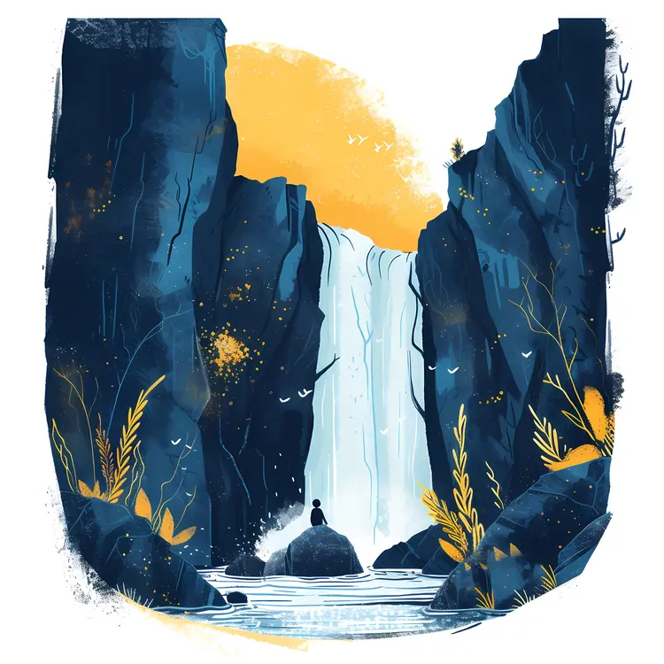 Waterfall between Cliffs with Sun
