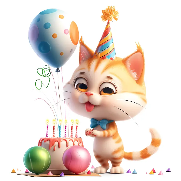 Cute Cat with Party Hat and Balloons