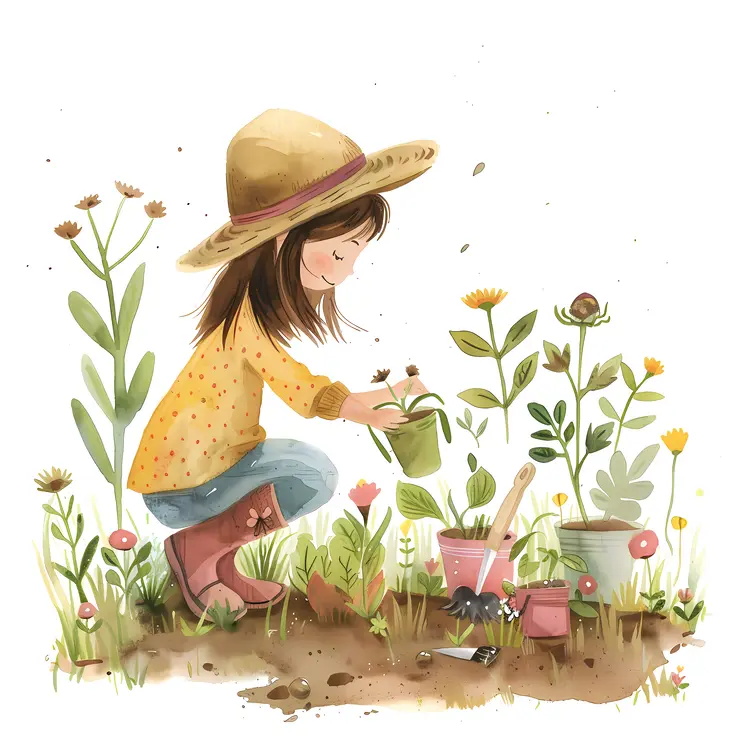 Girl Gardening with Plants and Flowers