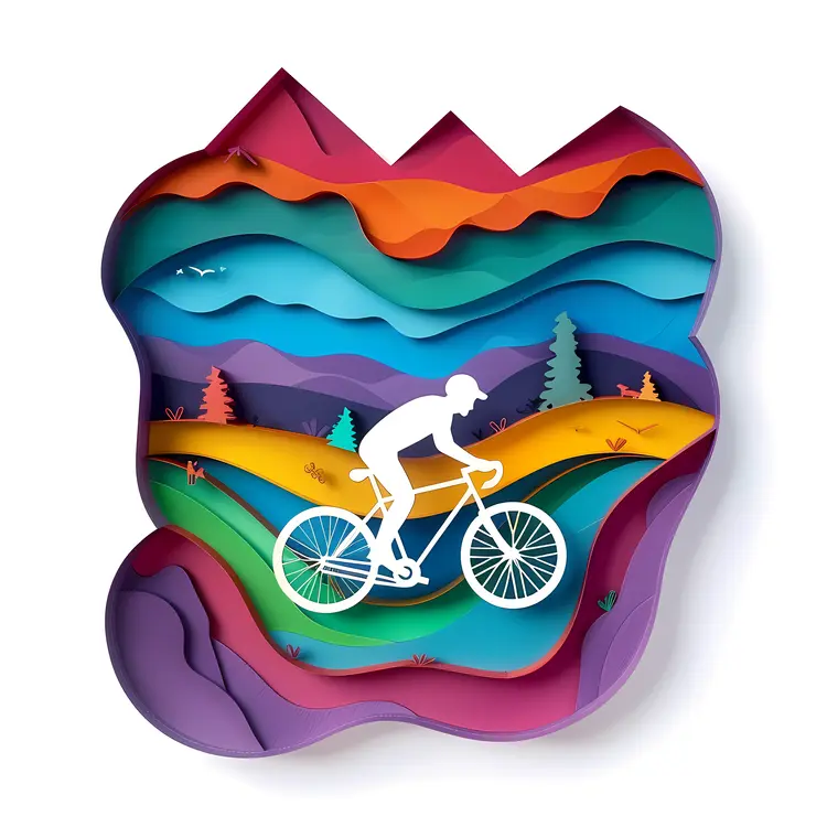 Cyclist in Colorful Paper Art Mountain Scene
