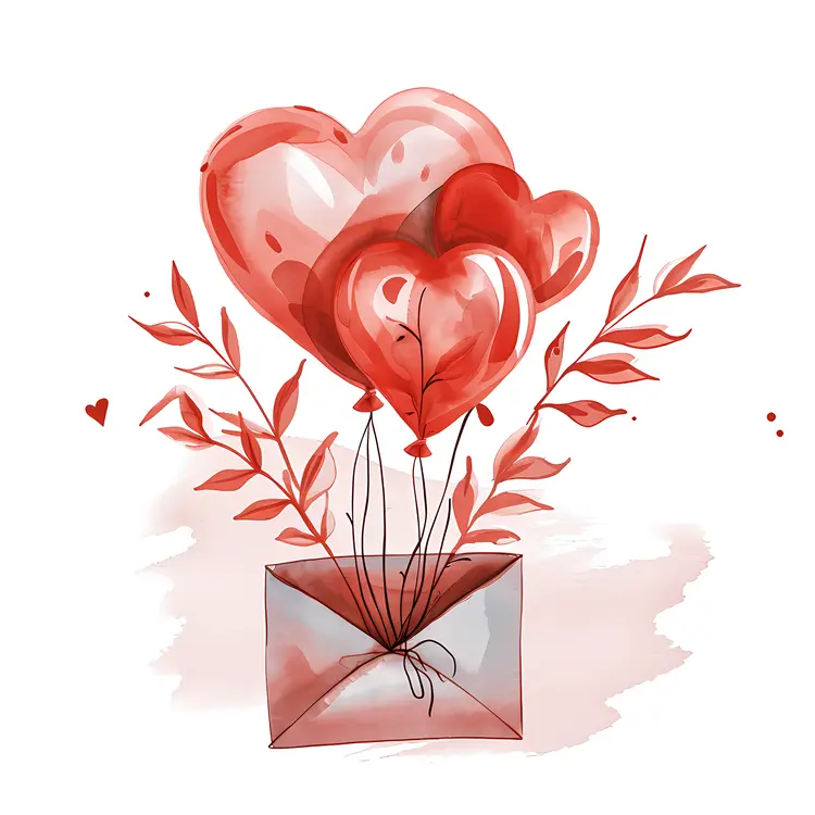 Heart Balloons and Envelope with Leaves