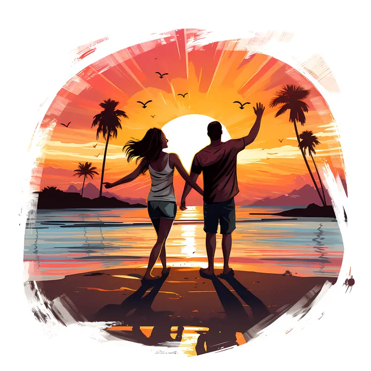 Romantic Couple Walking on the Beach at Sunset