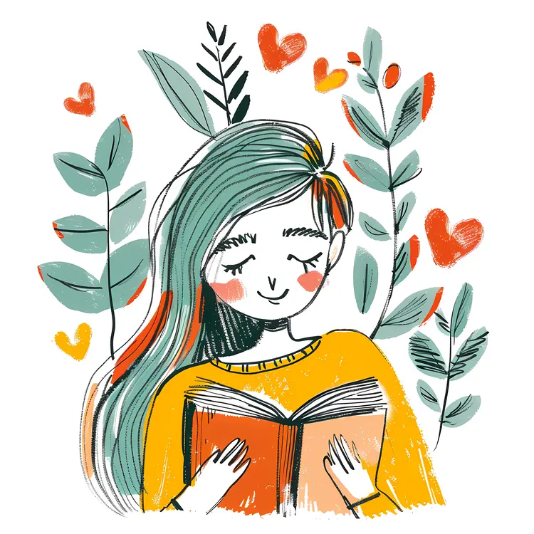 Cute Girl Reading Book with Hearts and Leaves