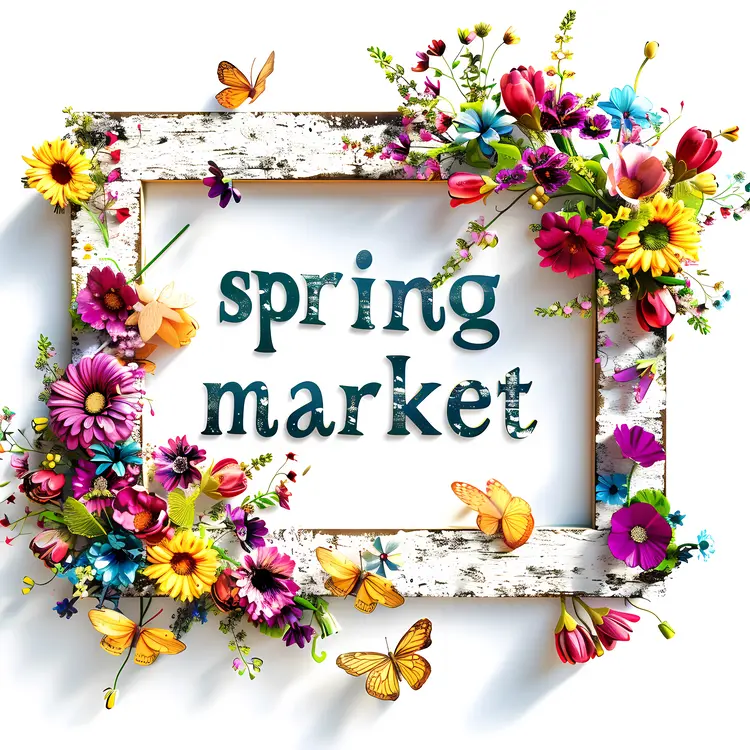 Spring Market with Colorful Flowers and Butterflies