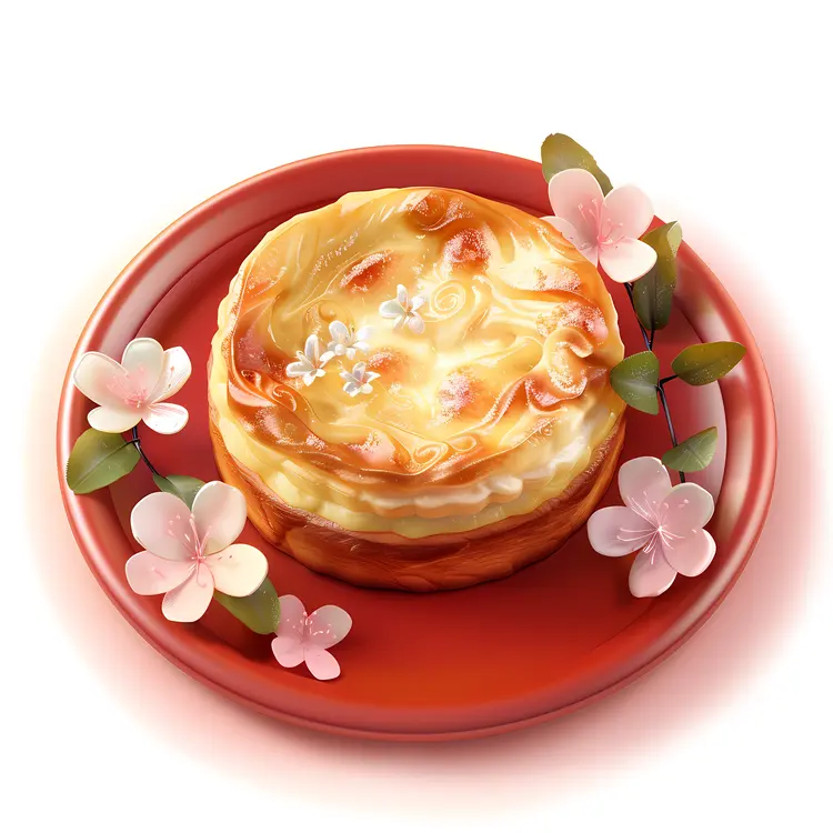 Custard Tart with Flowers on Red Plate