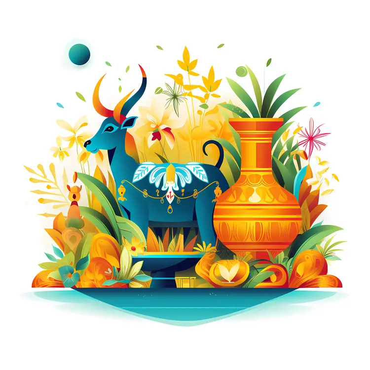 Decorated Cow with Pot and Flowers