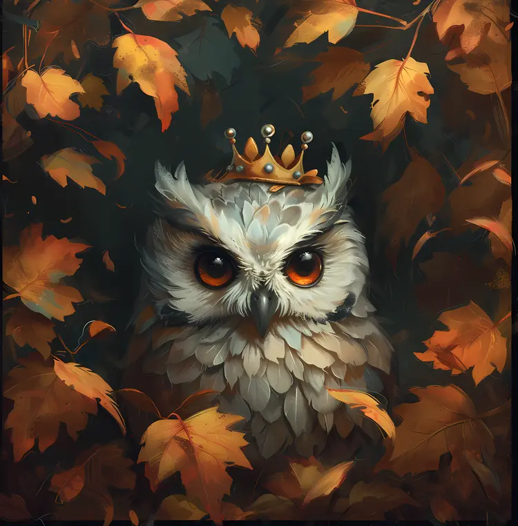 Majestic Owl with Crown in Autumn Leaves