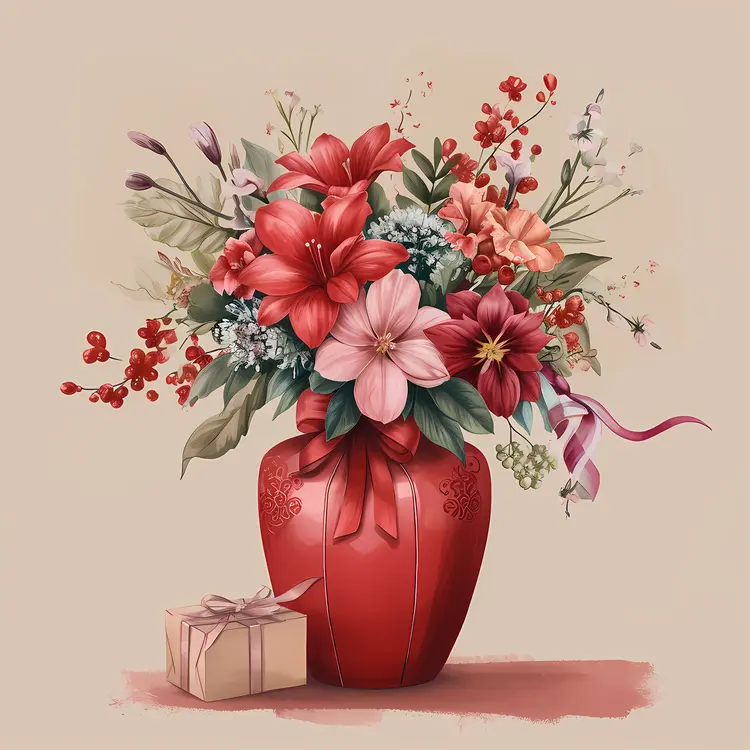 Red Vase with Beautiful Flower Arrangement and Gift Box