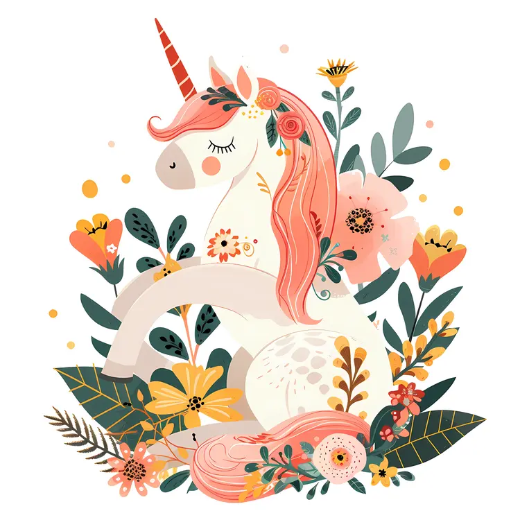Adorable Unicorn with Floral Wreath