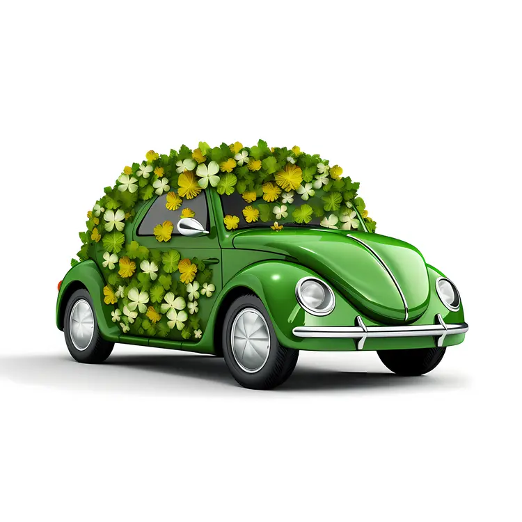 Green Car with Flowers