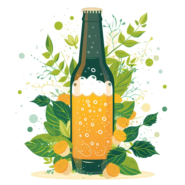 Craft Beer Bottle with Leaves and Bubbles