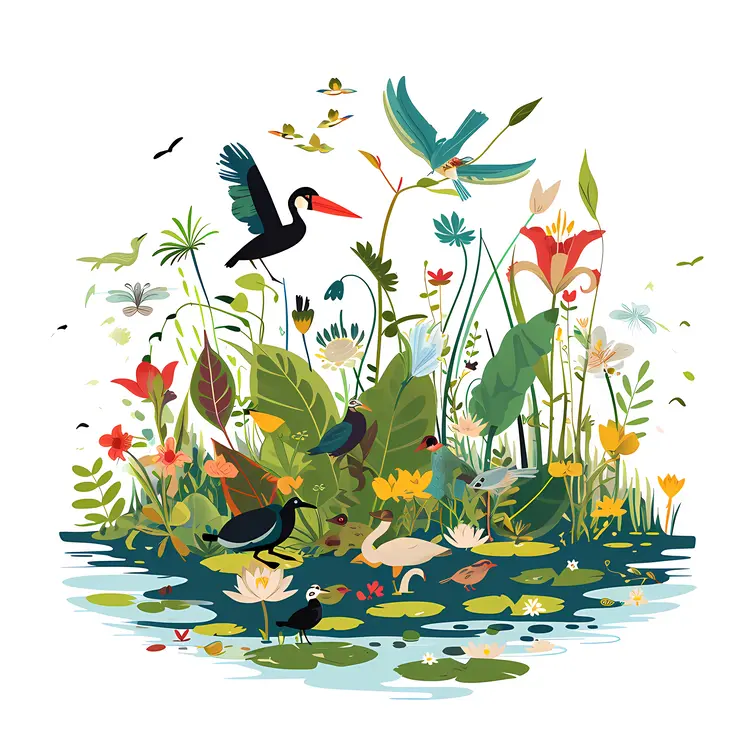 Colorful Pond with Birds