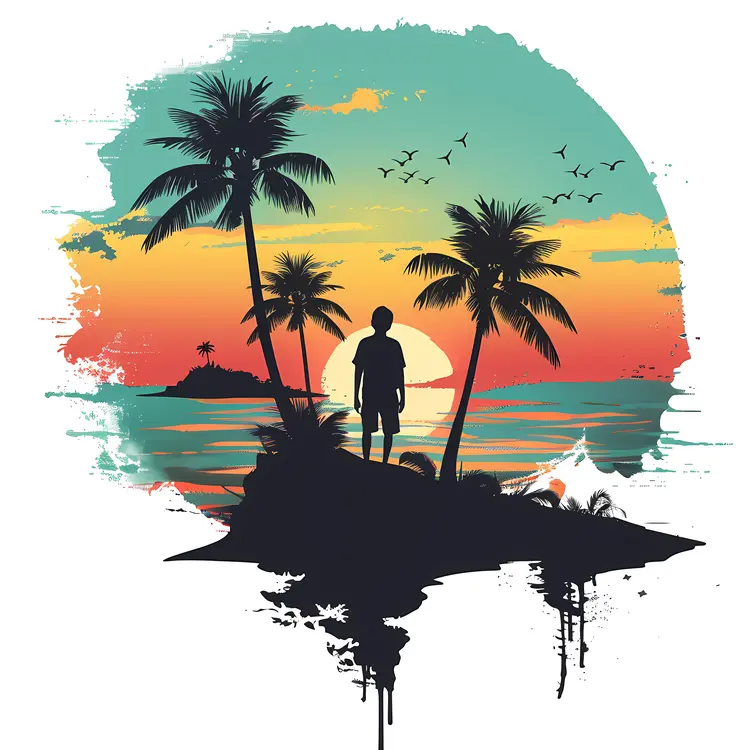 Sunset Beach with Palm Trees and Person Silhouette