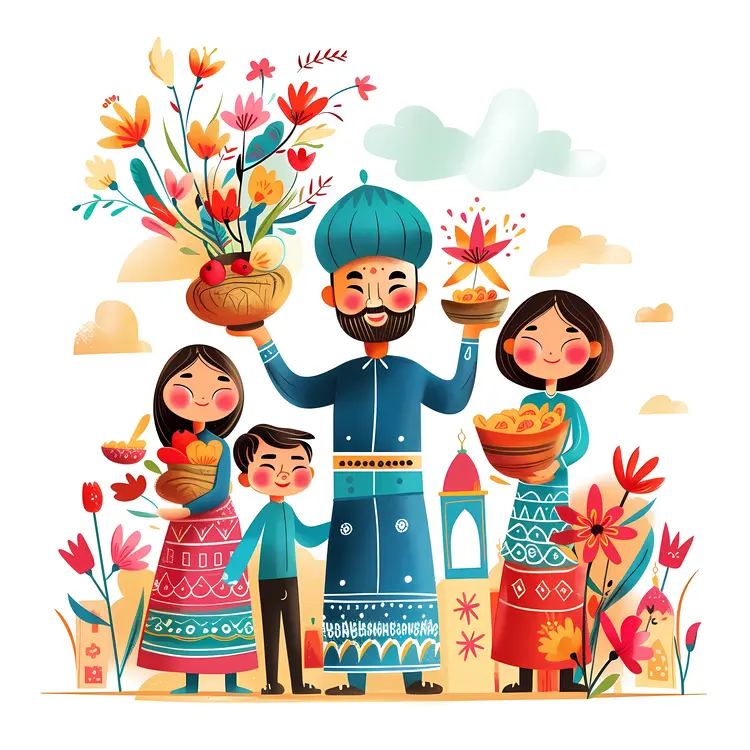 Family with Flowers and Baskets