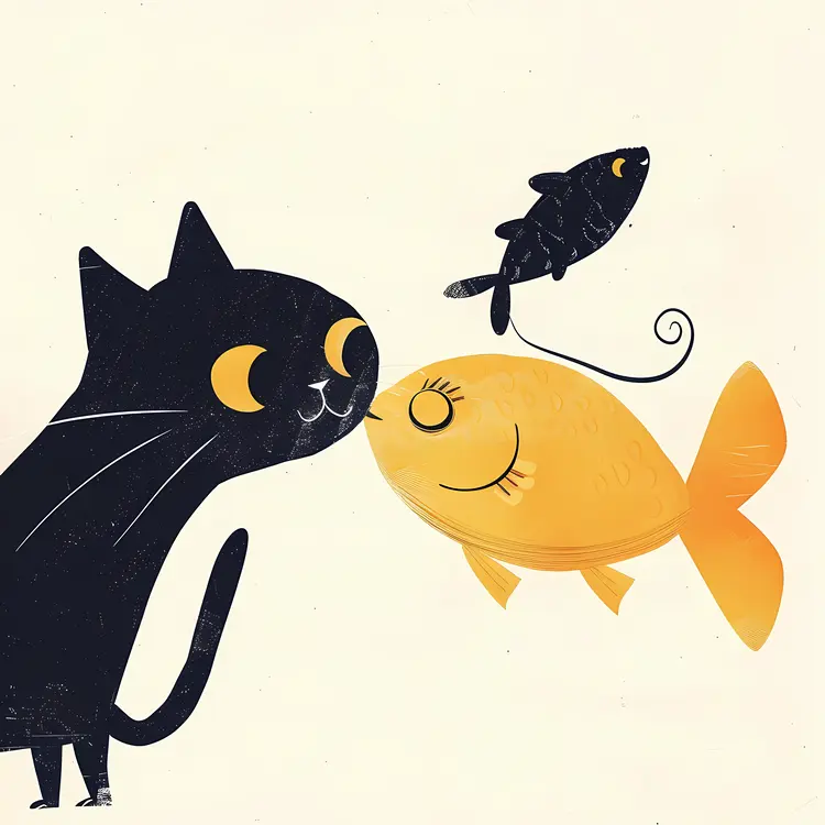Black Kitten and Yellow Goldfish in Minimalist Style