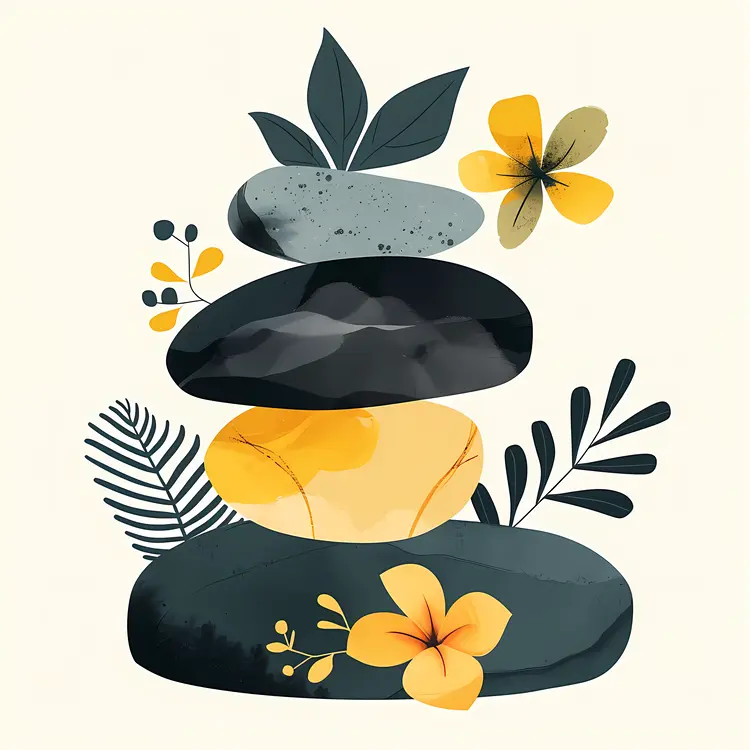Zen Stacked Stones with Yellow Flowers