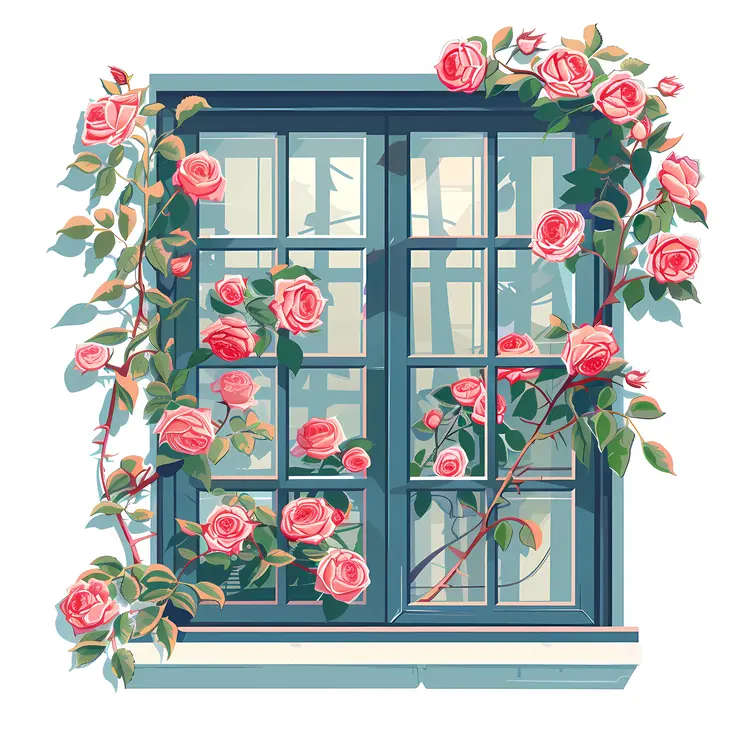 Pink Roses Climbing a Blue Window