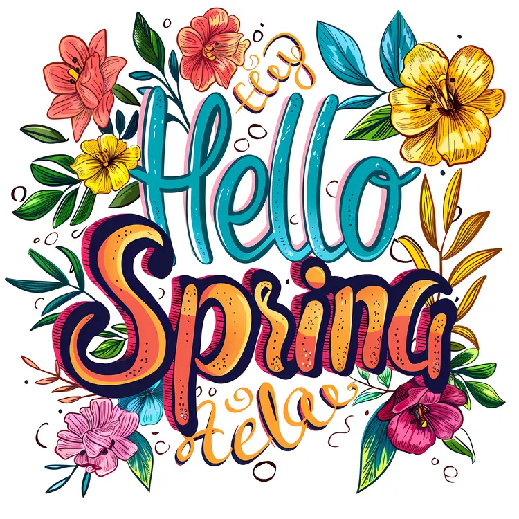 Hello Spring Text with Colorful Flowers