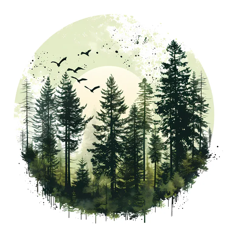 Forest with Birds Flying