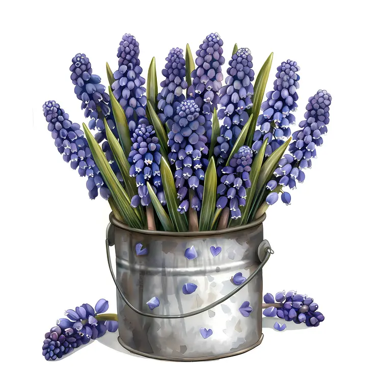 Blue Flowers in Metal Bucket