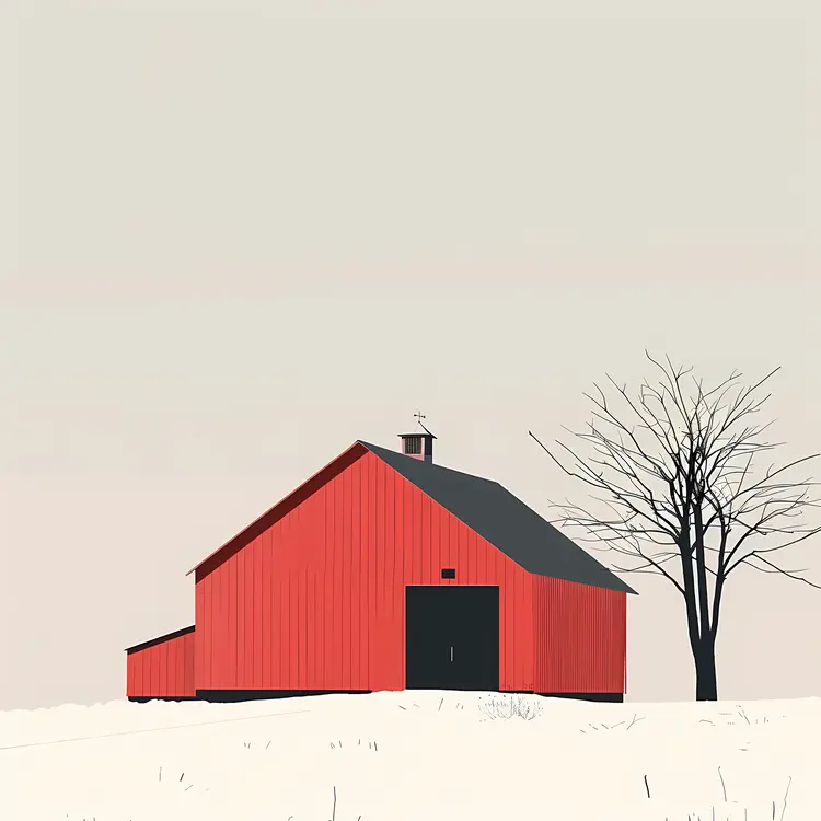 Red Barn with Tree in Snow