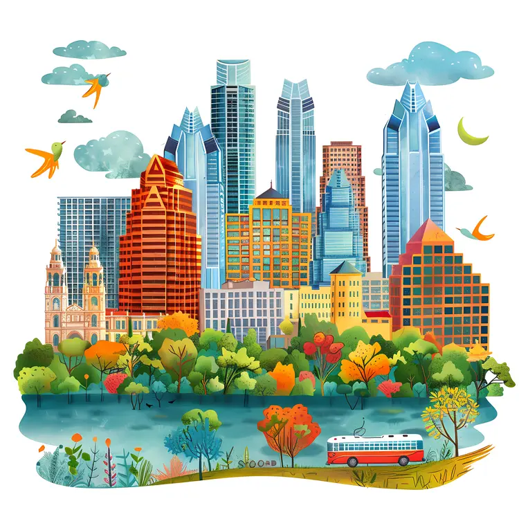 Colorful City Skyline with River