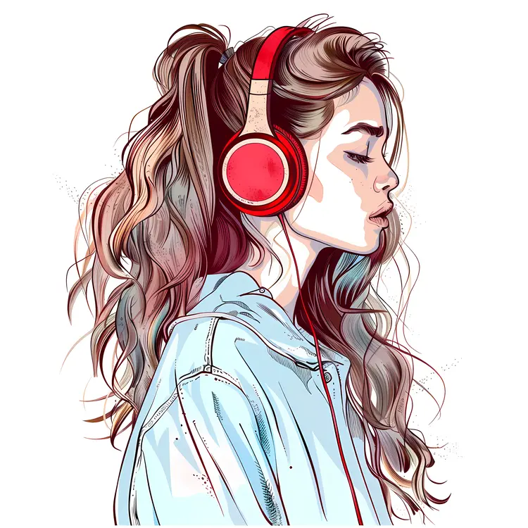 Girl with Red Headphones in Casual Attire