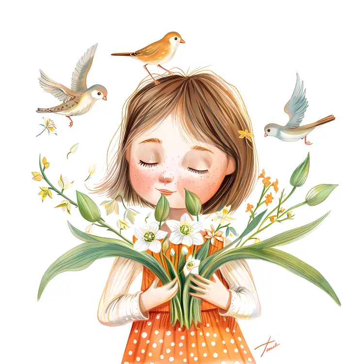 Girl Holding Flowers with Birds