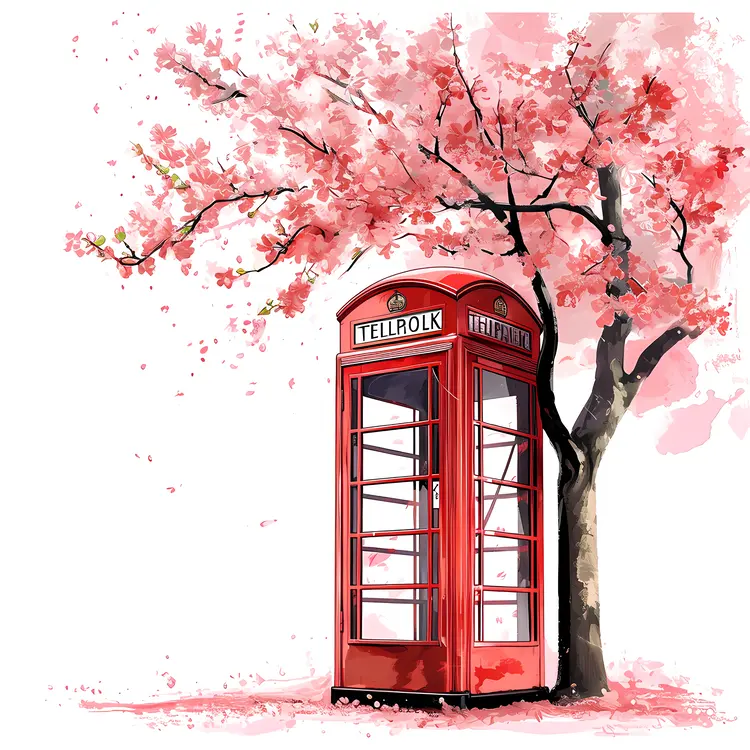 Red Phone Booth with Cherry Blossom Tree