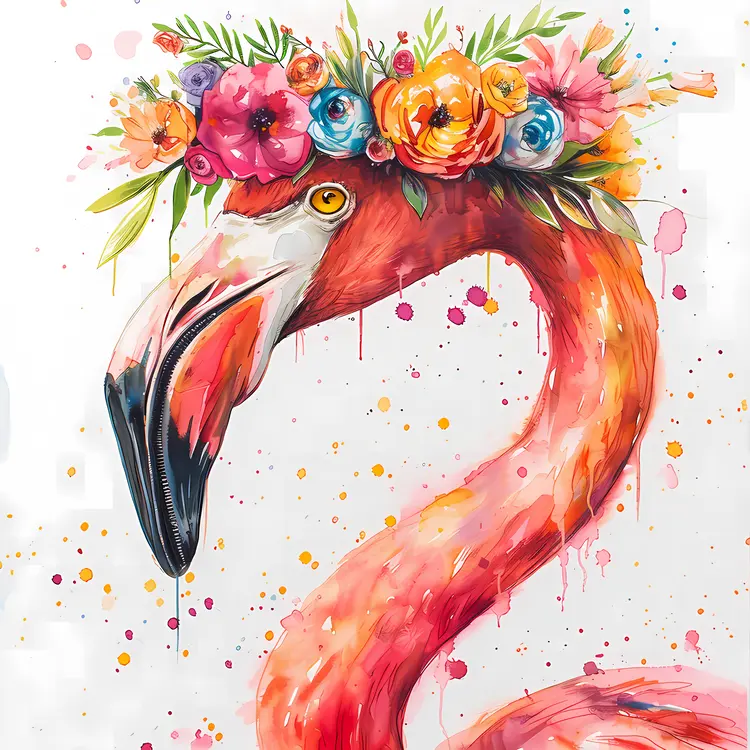 Charming Flamingo with Colorful Flower Crown in Watercolor