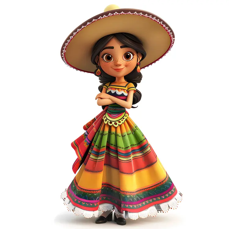 Cartoon Girl in Sombrero with Colorful Dress
