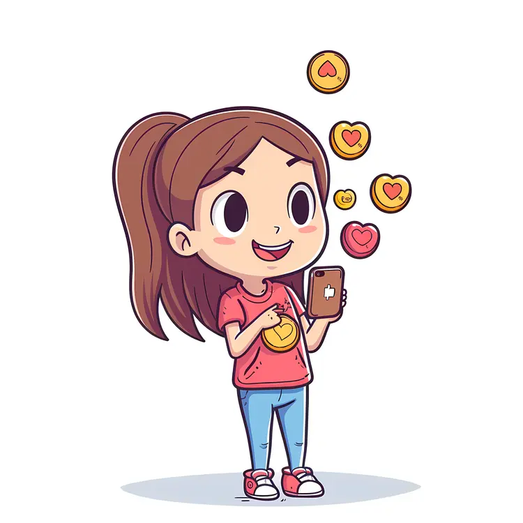 Cartoon Girl with Phone and Hearts