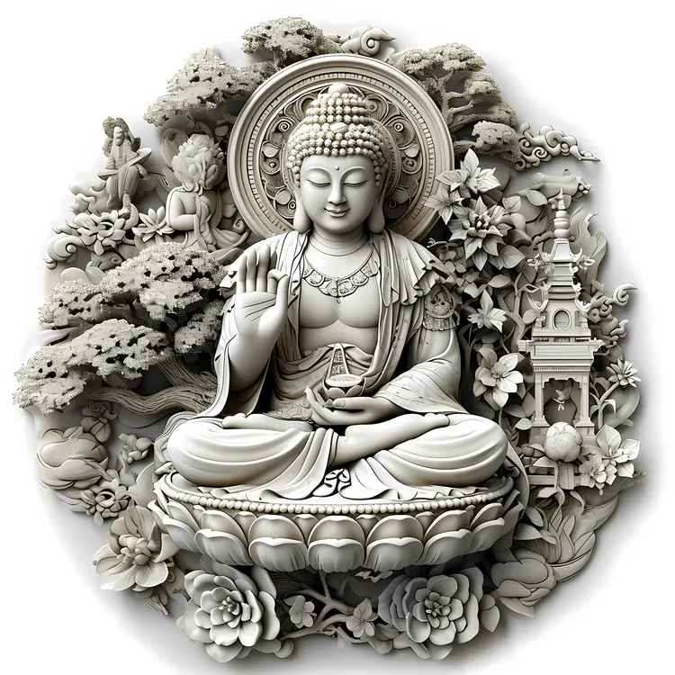 White Buddha Statue with Floral Background