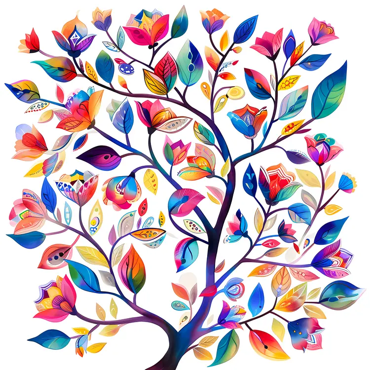 Colorful Tree with Vibrant Leaves and Flowers