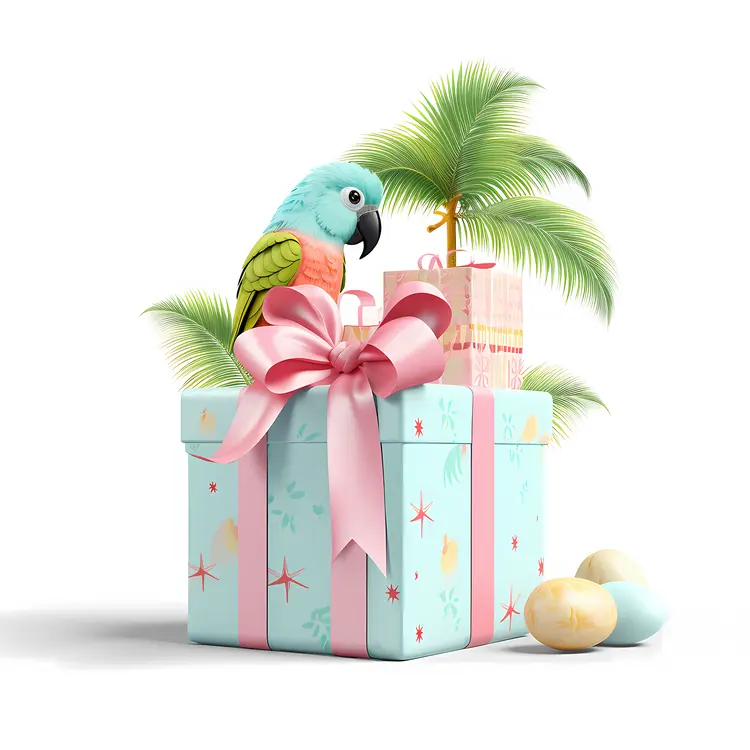 Parrot on Gift Box with Palm Tree