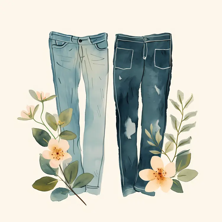 Two Pairs of Jeans with Flowers Illustration