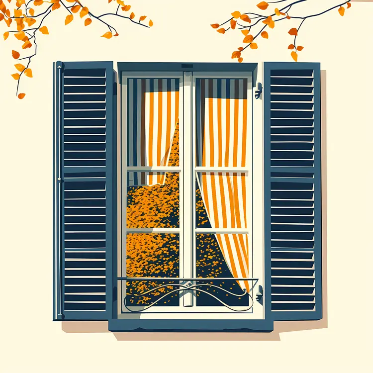 Window with Shutters and Autumn Leaves