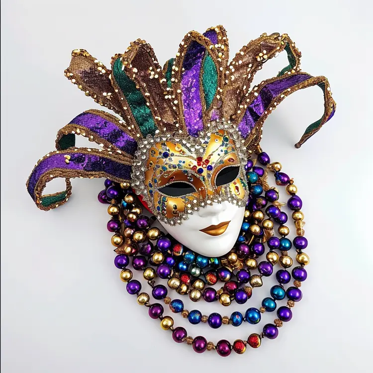 Decorative Mask and Beads for Mardi Gras Celebration