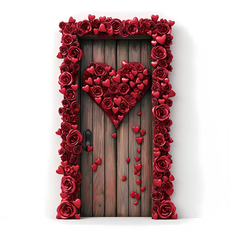 Wooden Door with Heart and Roses for Valentine's Day