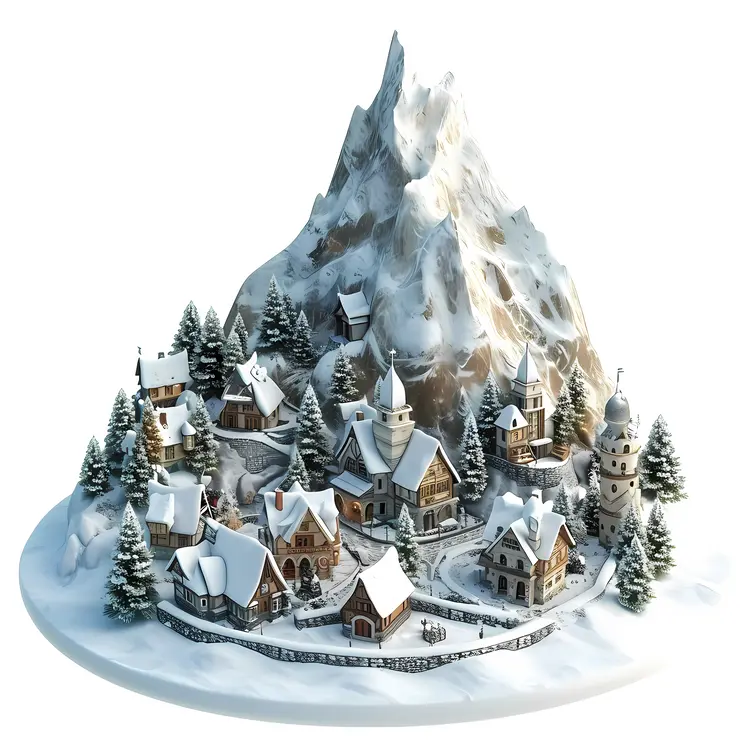 Snowy Village with Mountains