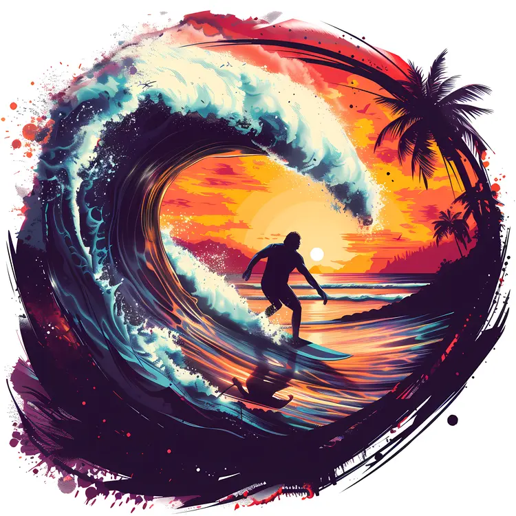 Surfer Riding a Giant Wave at Sunset