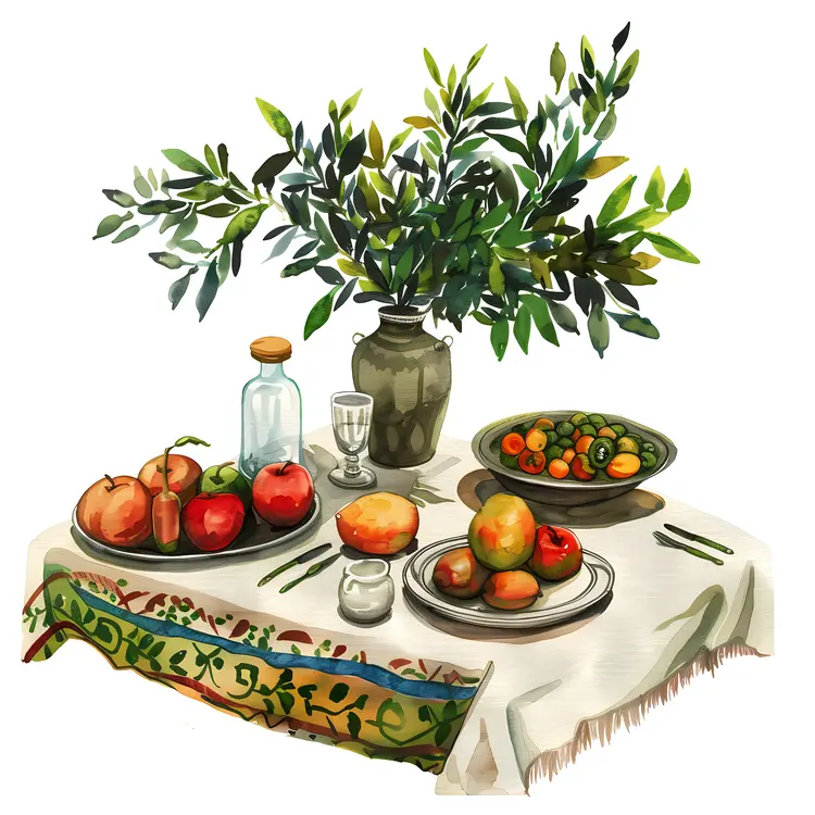 Table Setting with Fruits and Greenery