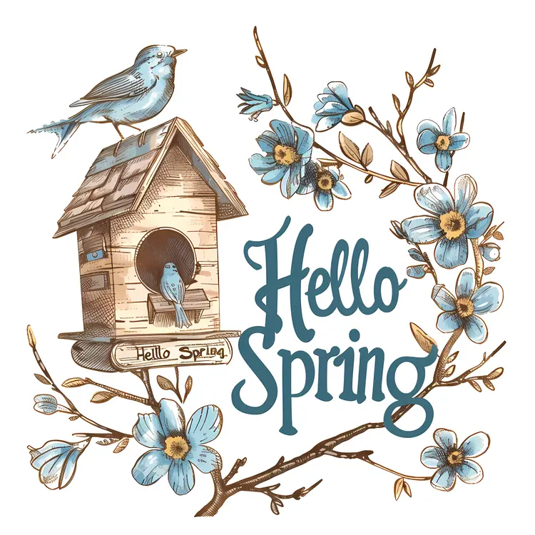 Birdhouse with Blue Flowers and Birds