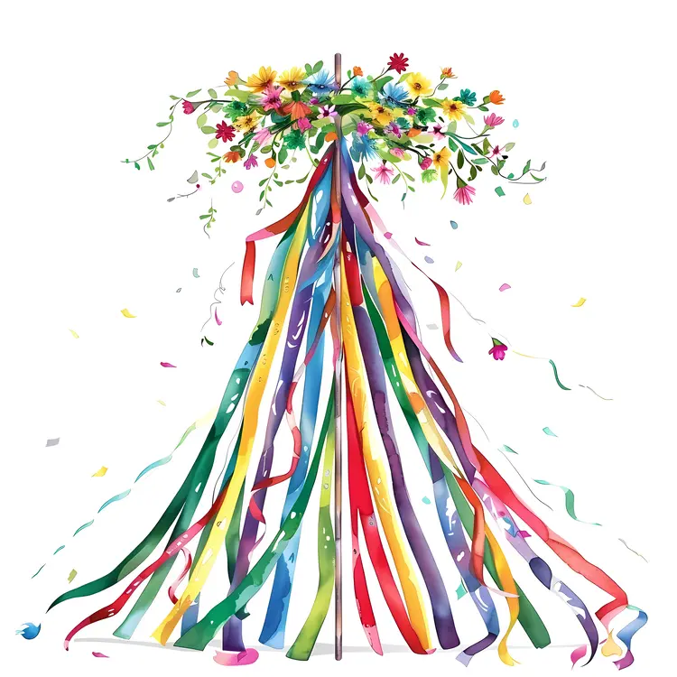 Maypole with Colorful Ribbons and Flowers