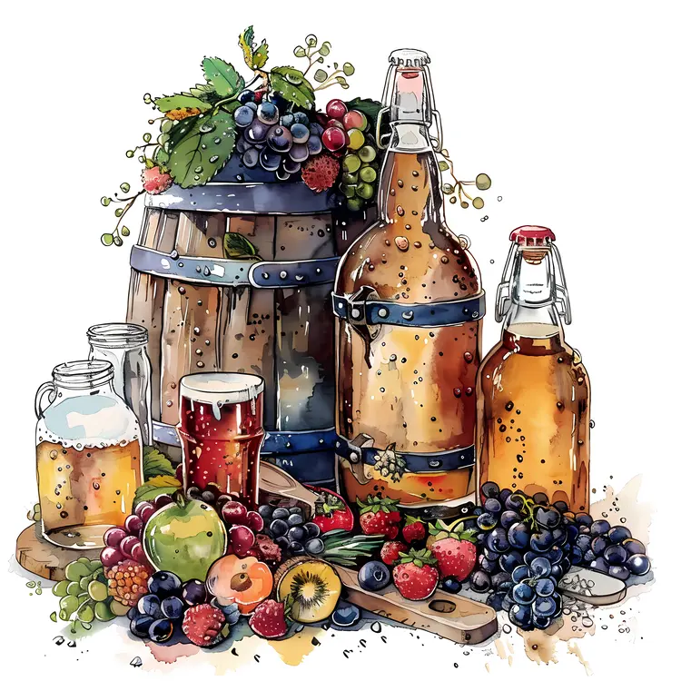 Bottles and Fruits with Barrel