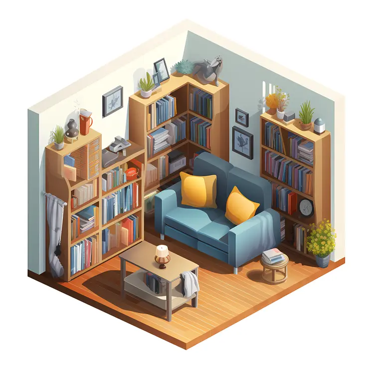 Cozy Reading Corner with Bookshelf and Sofa