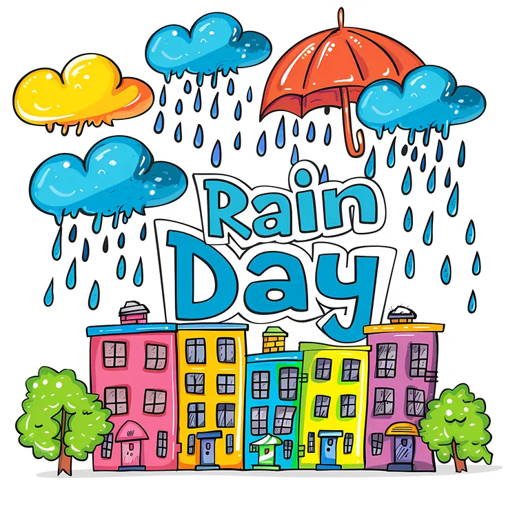 Colorful Rainy Day Illustration with Buildings